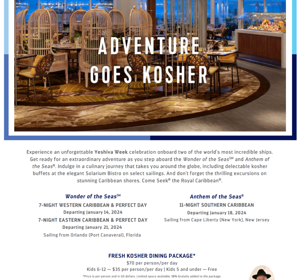 Royal Caribbean Offering Kosher Dining Package for Yeshiva Week 2024