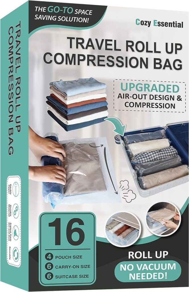 16 Travel Compression Bags Vacuum Packing, Roll Up Space Saver Bags for Luggage, Cruise Ship Essentials (6 Large /6 Medium /4 Small Roll)