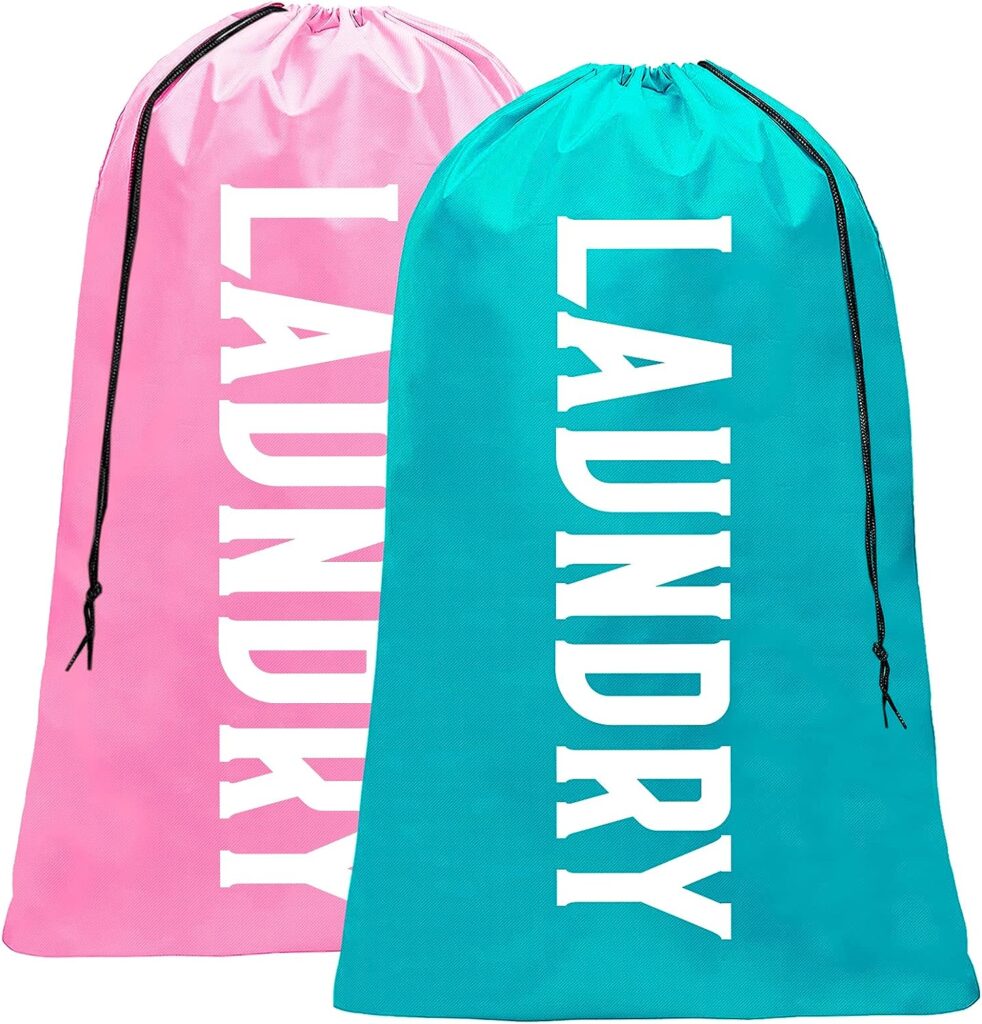 Fiodrmy 2 Pack XL Travel Laundry Bag, Machine Washable Dirty Clothes Organizer, Large Enough to Hold 4 Loads of Laundry, Easy Fit a Laundry Hamper or Basket (Pink+Blue, 24 x 36)