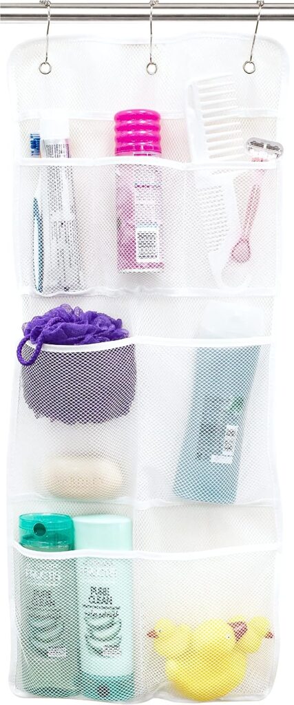ST INC. Shower Organizer with Quick Drying Mesh, Bathroom Caddy Organizer with 7 Pockets to Hold Toiletries, Shampoos, Soaps, and Loofahs, 14 Inch by 30 Inch, White, 1 Pack