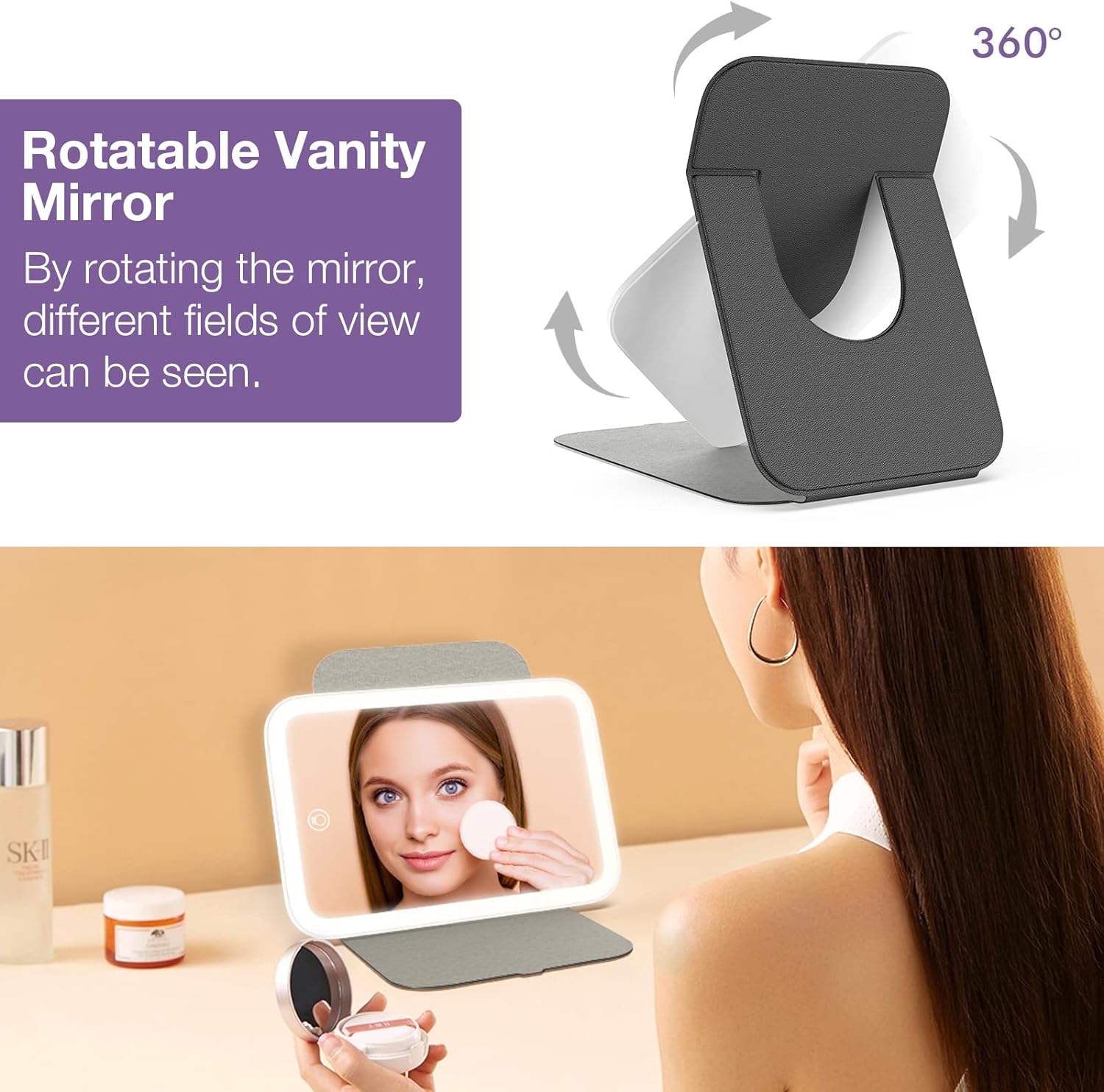 Kintion Travel Makeup Mirror, 8*5.4 Portable LED Lighted Makeup Mirror, 360° Rotation Touch Screen Vanity Mirror, 3-Color Dimmable Lighting, Rechargeable Tabletop Folding Cosmetic Mirror