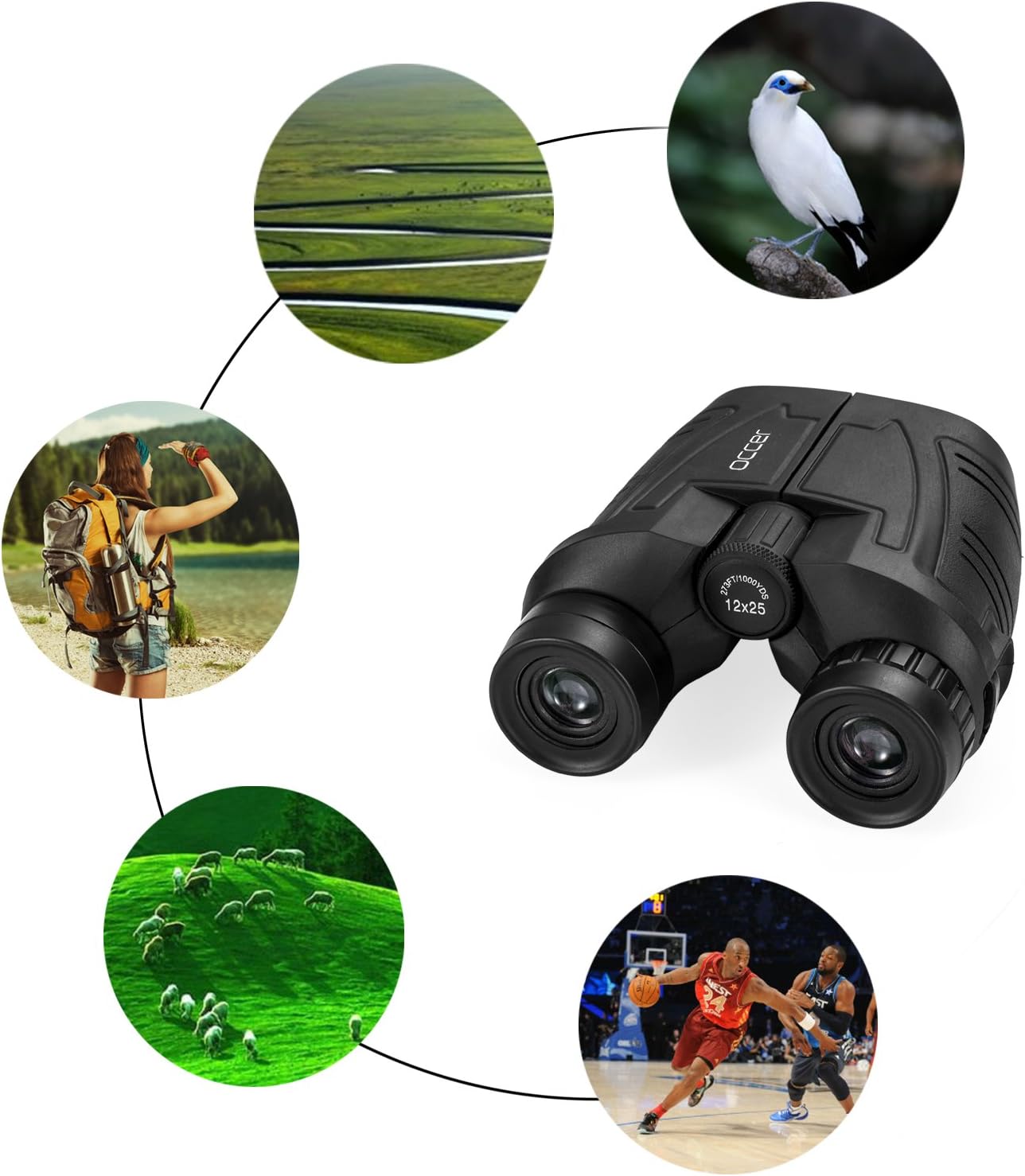 Occer 12x25 Compact Kids Binoculars with Low Light Night Vision,Folding Small Waterproof Large Eyepiece Binoculars for Adults,Great for Travel,Bird Watching,Hunting,Hiking,Outdoor Sports