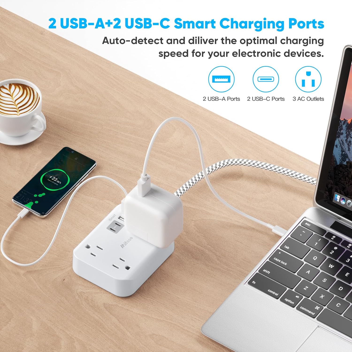 Flat Extension Cord with Multiple Outlets, 5ft Flat Plug Power Strip with 4 USB Ports (2USB C) Charging Station, Cruise Essentials, No Surge Protector for Travel, Home, Dorm