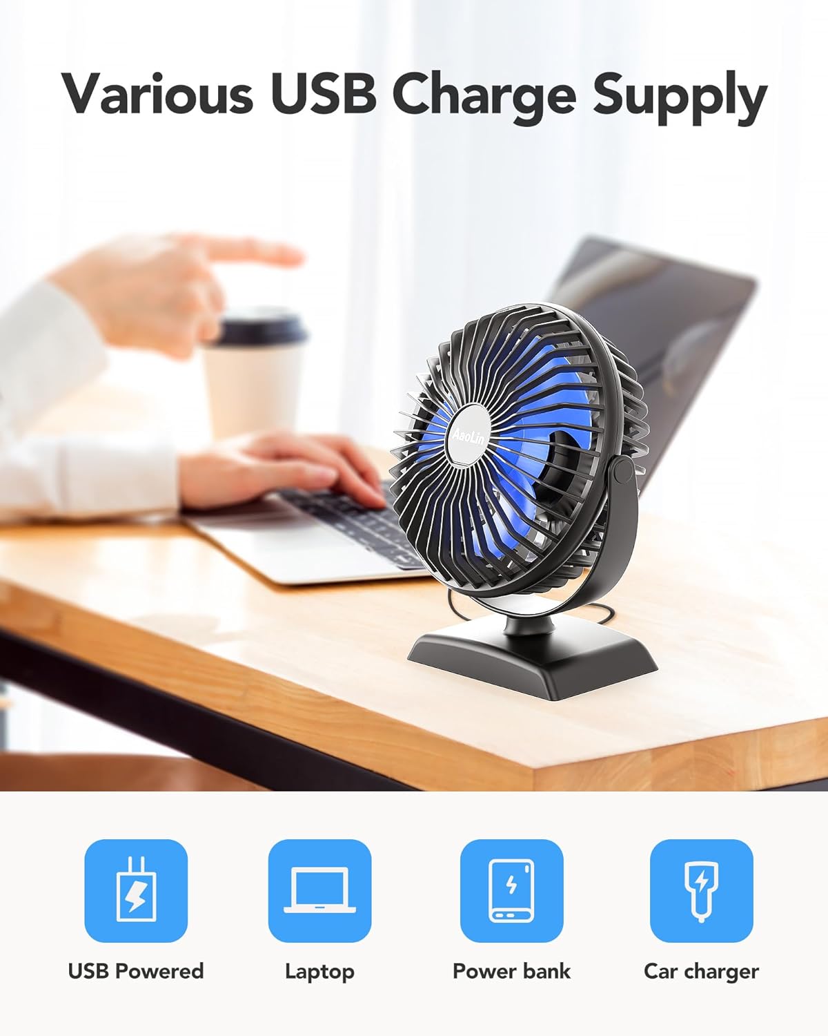 AaoLin Desk Fan, USB Small Fans with 3 Speeds Strong Airflow, Quiet Portable, 360° Rotation Personal Table Fan for Home,Office, Bedroom Desktop