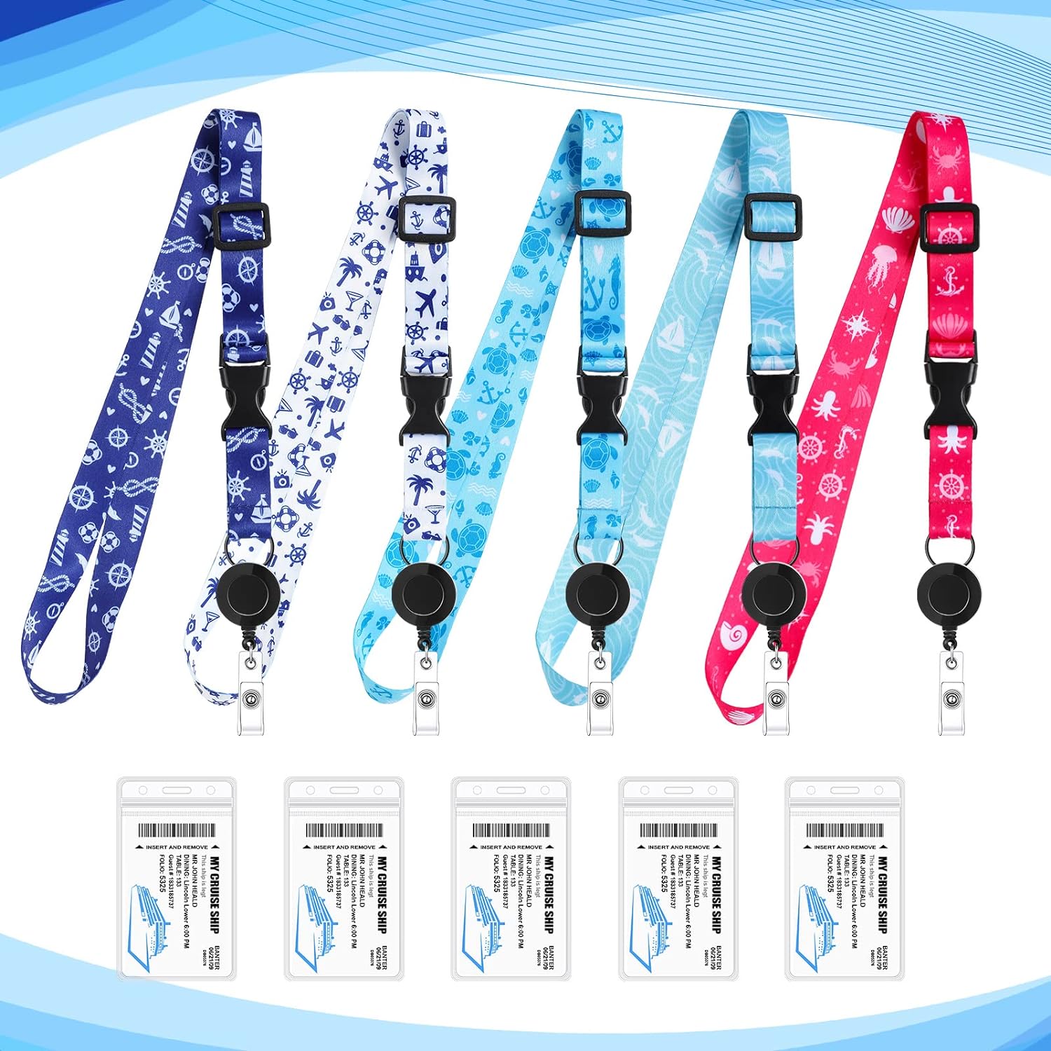 5 Sets Cruise Lanyards Pattern Adjustable Lanyard with Retractable Reel Waterproof ID Badge Holders for Cruises Ship Cards Accessories (Vivid Style)