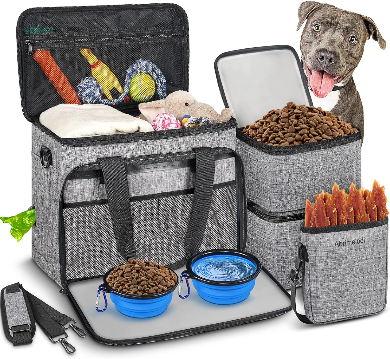 Abrimelodi 6 Set Dog Travel Bag, Large Pet Travel Kit for Supplies Includes 2 Food Containers, 1 Travel Organizer for Dogs, 2 Collapsible Bowls, 1 Treat Pouch, Dog Weekend Overnight Travel Bag Luggage