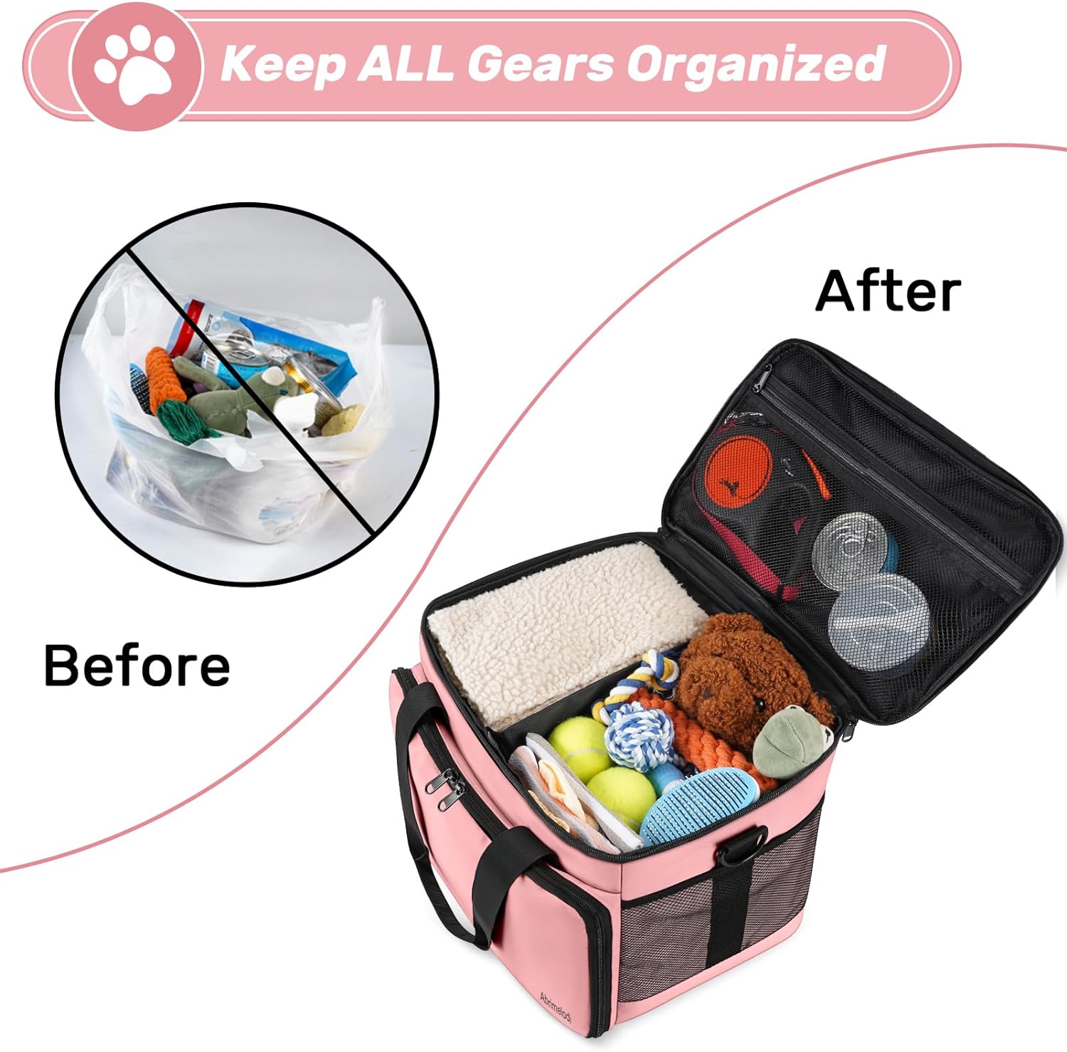 Abrimelodi 6 Set Dog Travel Bag, Large Pet Travel Kit for Supplies Includes 2 Food Containers, 1 Travel Organizer for Dogs, 2 Collapsible Bowls, 1 Treat Pouch, Dog Weekend Overnight Travel Bag Luggage