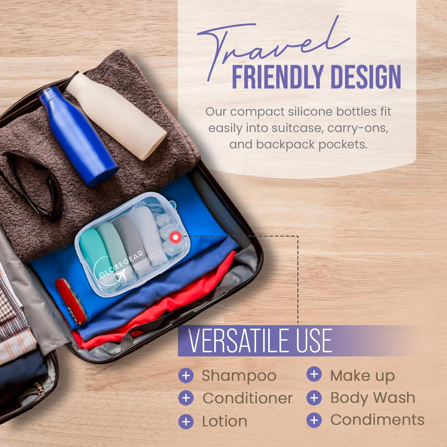 GLOBEGEAR TSA Approved Silicone Travel Bottles Leak Proof  Travel Size Containers for Toiletries Travel Kit with TSA Liquids Travel Bag