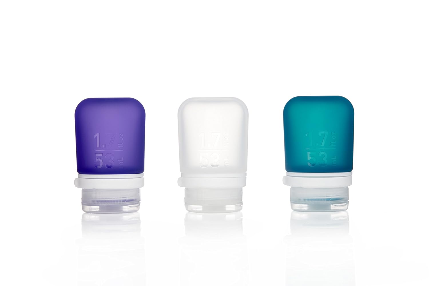 humangear GoToob+ 3-Pack (Small) | Refillable Silicone Travel Bottle | Locking Lid | Food-Safe Material, Clear/Purple/Teal, Small (1.7 fl.oz; 53ml)