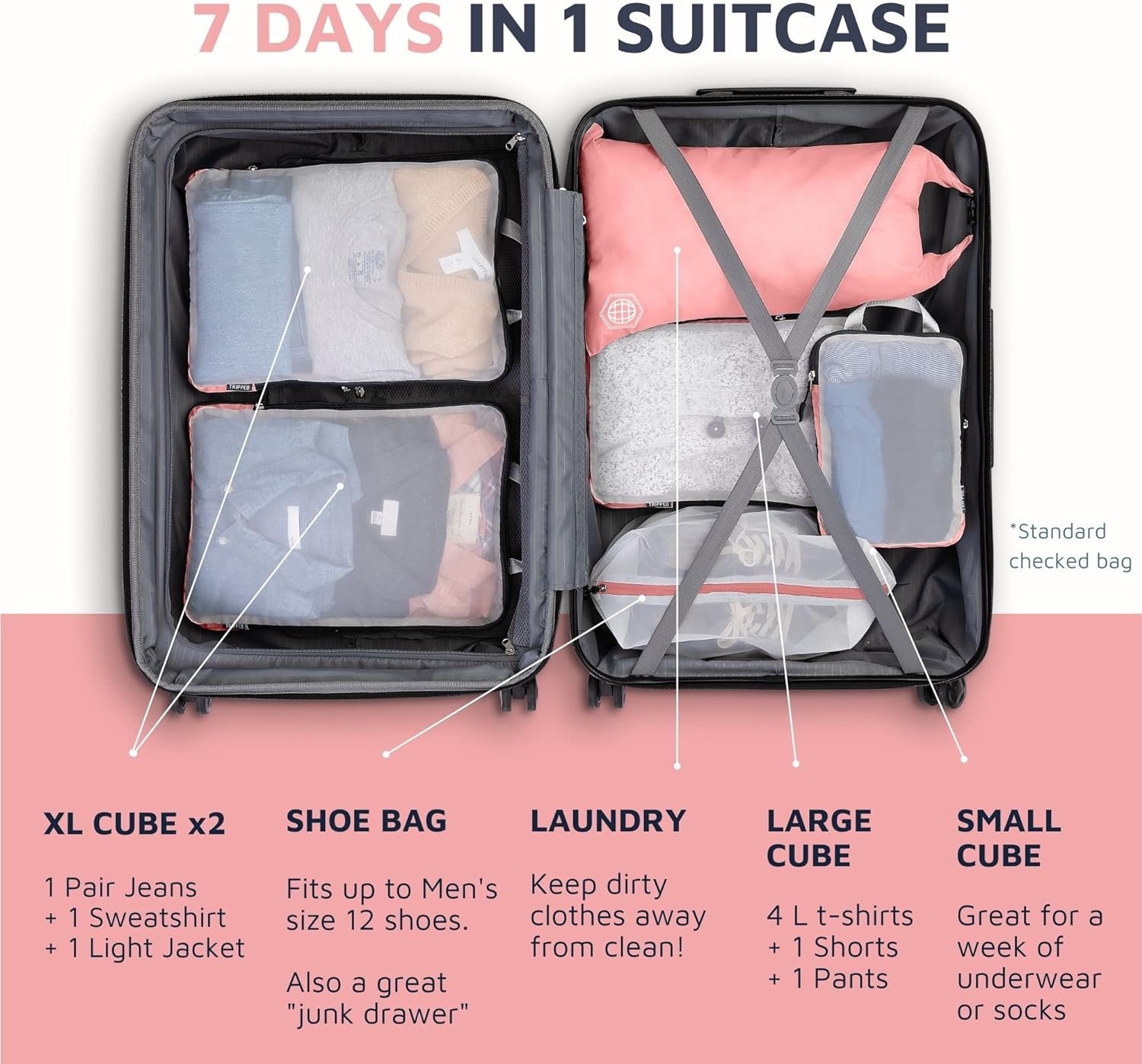 Large Packing Cube Set with See Through Mesh- Compression Packing Cubes Travel Organizers (Dusty Rose)