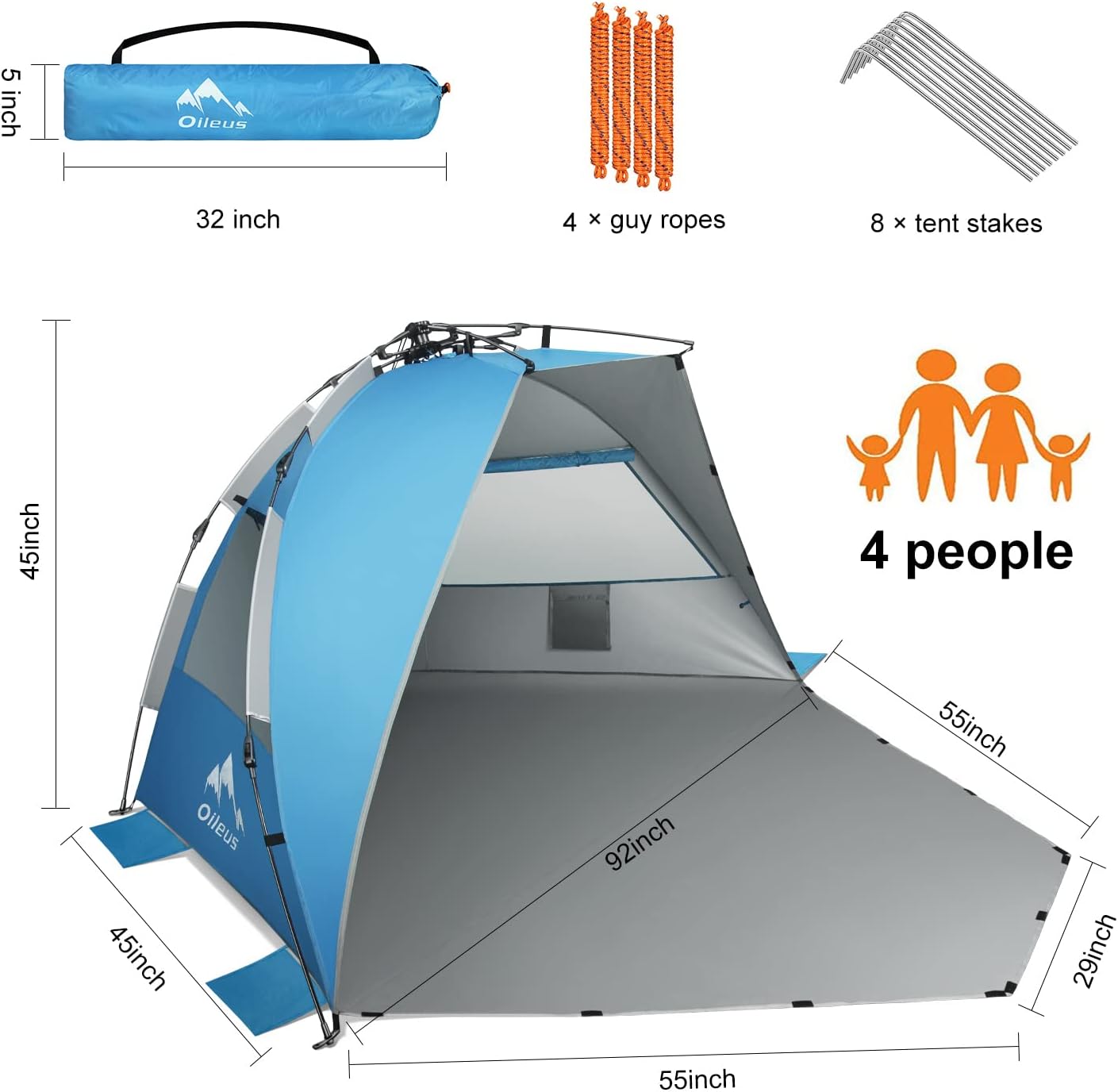 Oileus X-Large 4 Person Beach Tent Sun Shelter - Portable Sun Shade Instant Tent for Beach with Carrying Bag, Stakes, 6 Sand Pockets, Anti UV for Fishing Hiking Camping, Waterproof Windproof, Orange