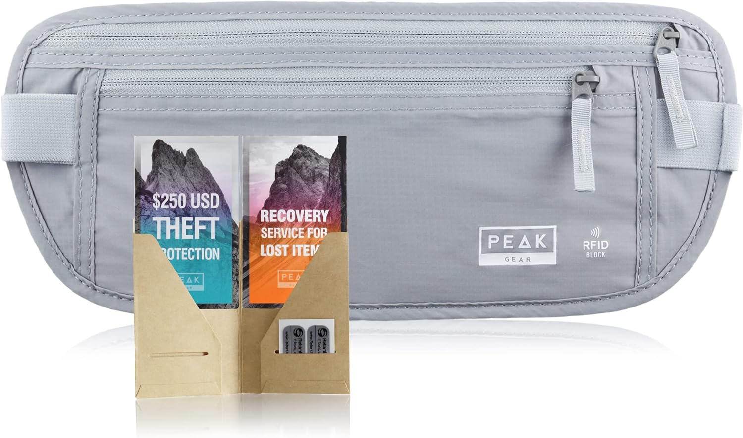 Peak Gear Travel Money Belt. Premium Quality Travel Wallet with RFID Blocking Fabric to Protect Credit Cards, Passports and Documents. Exclusive Theft Protection and 2 Recovery Tags | Regular | Gray