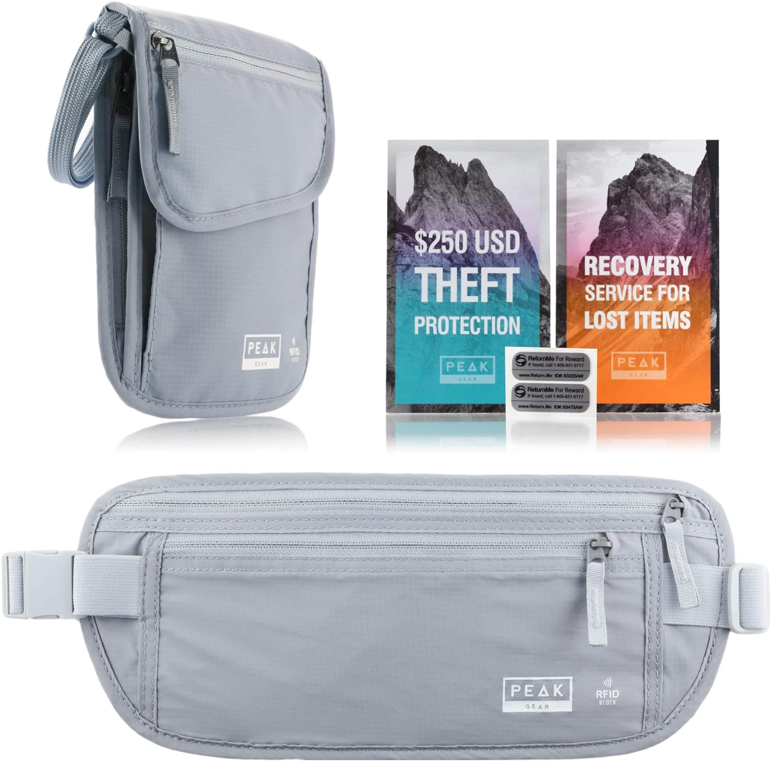 Peak Gear Travel Money Belt. Premium Quality Travel Wallet with RFID Blocking Fabric to Protect Credit Cards, Passports and Documents. Exclusive Theft Protection and 2 Recovery Tags | Regular | Gray