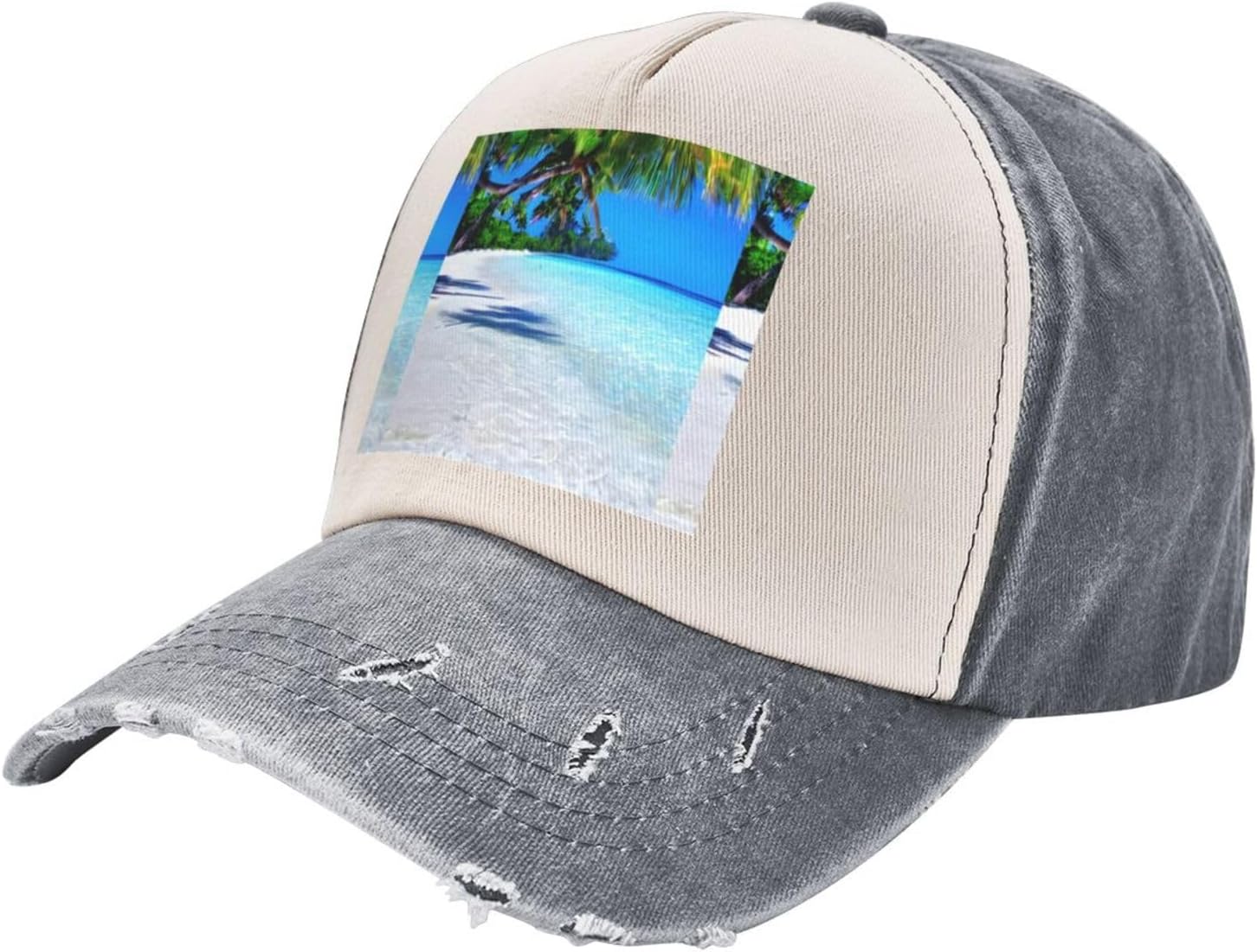 Tropical White Sand Beach and Ocean Stylish Sports Hat in Denim,Adjustable, Breathable,for Daily Wear and Outdoor Activities