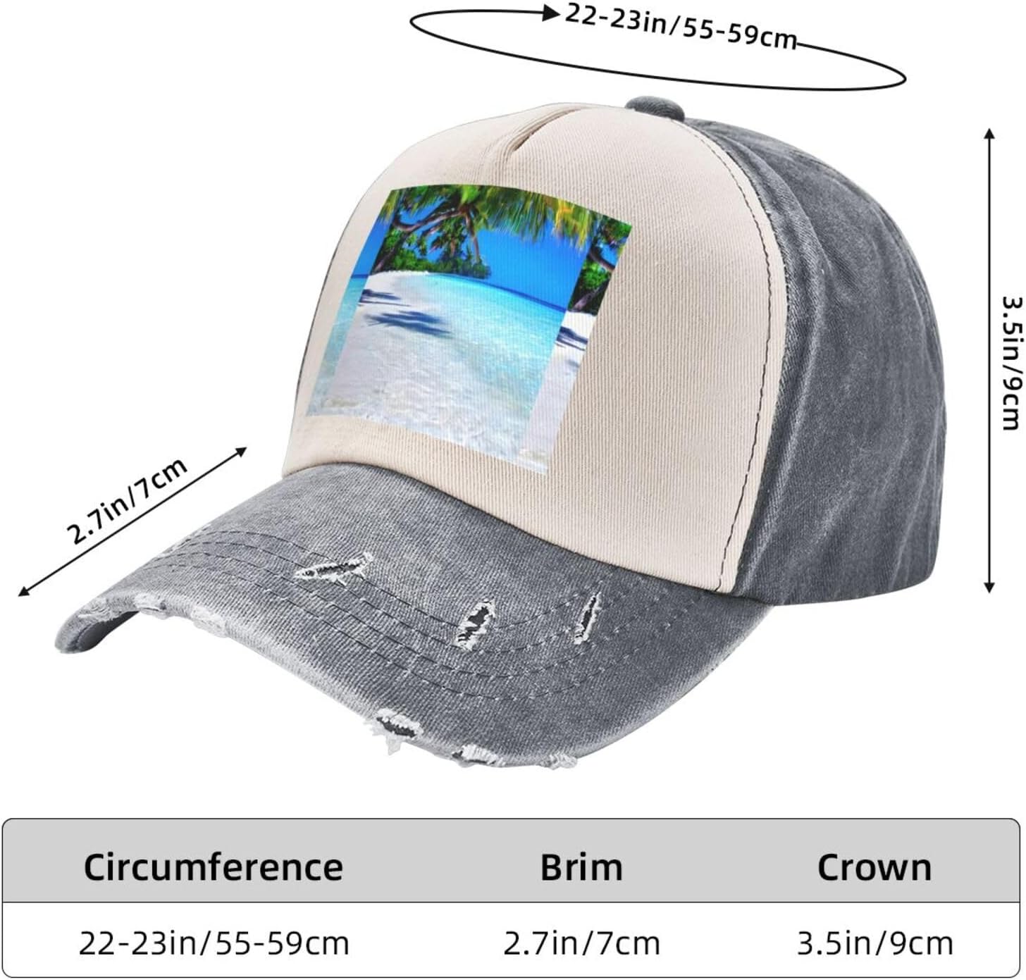 Tropical White Sand Beach and Ocean Stylish Sports Hat in Denim,Adjustable, Breathable,for Daily Wear and Outdoor Activities