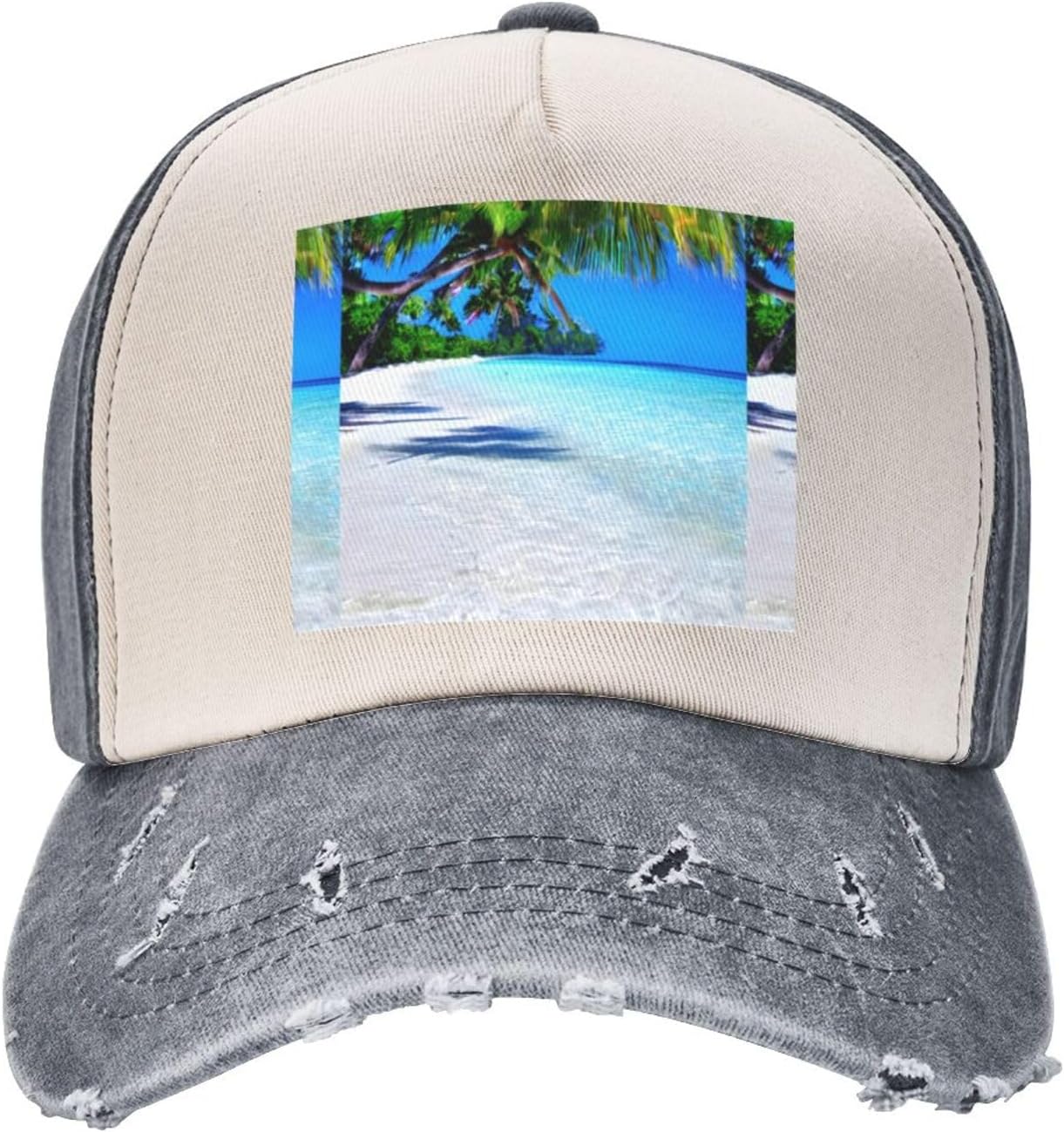 Tropical White Sand Beach and Ocean Stylish Sports Hat in Denim,Adjustable, Breathable,for Daily Wear and Outdoor Activities