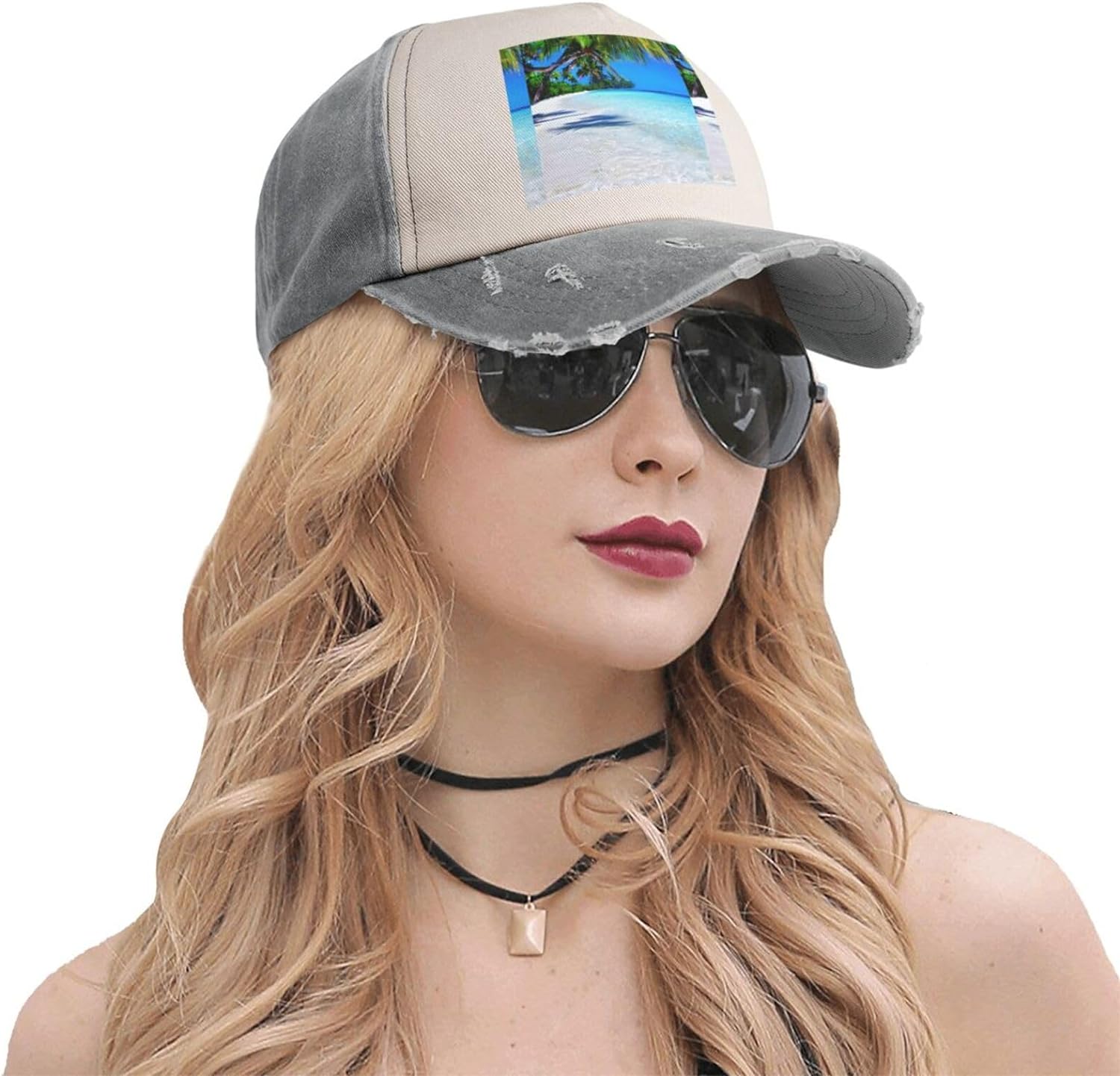 Tropical White Sand Beach and Ocean Stylish Sports Hat in Denim,Adjustable, Breathable,for Daily Wear and Outdoor Activities