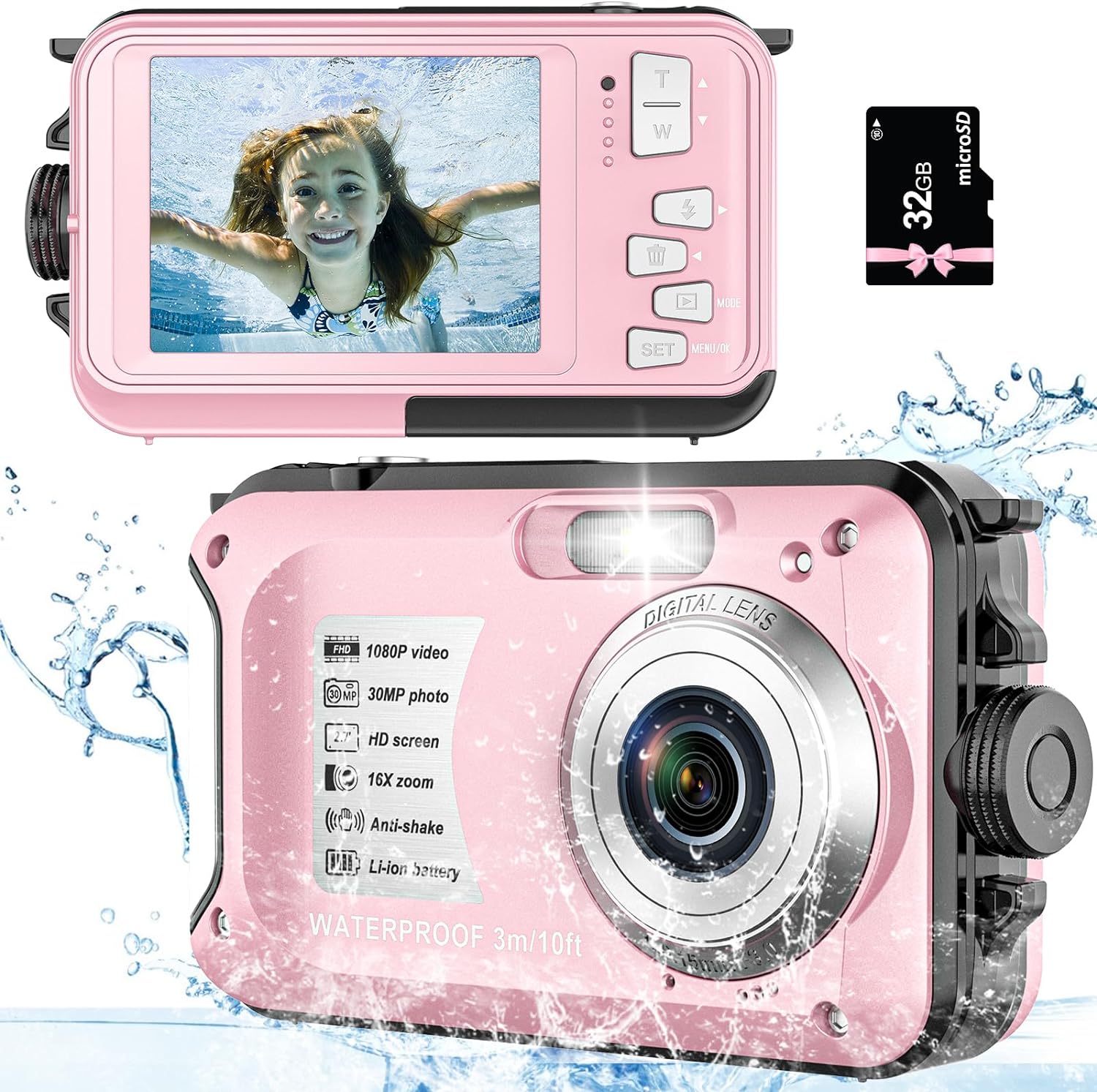 Underwater Camera Point and Shoot Waterproof Camera with 32GB Card 10FT 30MP 1080P FHD Video Compact Portable 16X Zoom Waterproof Digital Camera for Kids, Pink