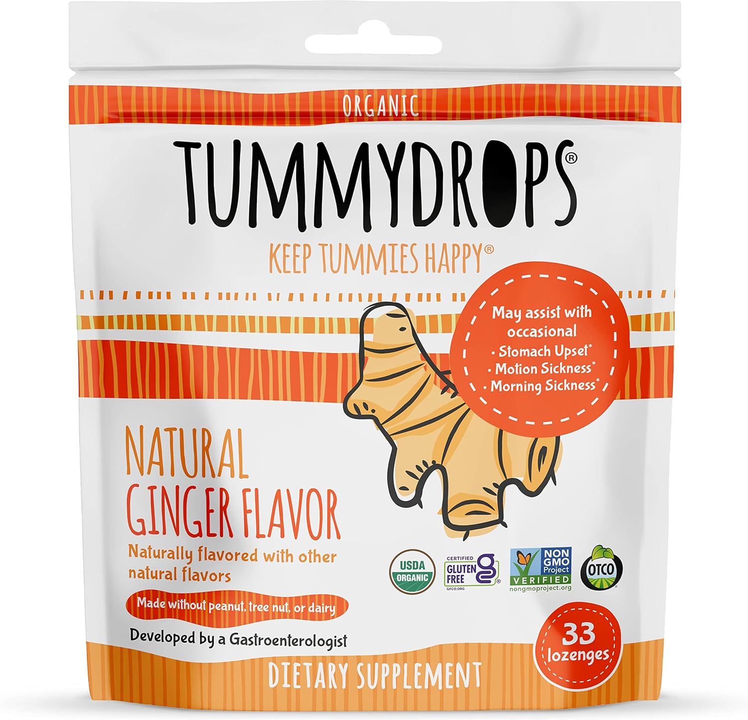 USDA Organic Natural Ginger Tummydrops, Bag of 33 Drops