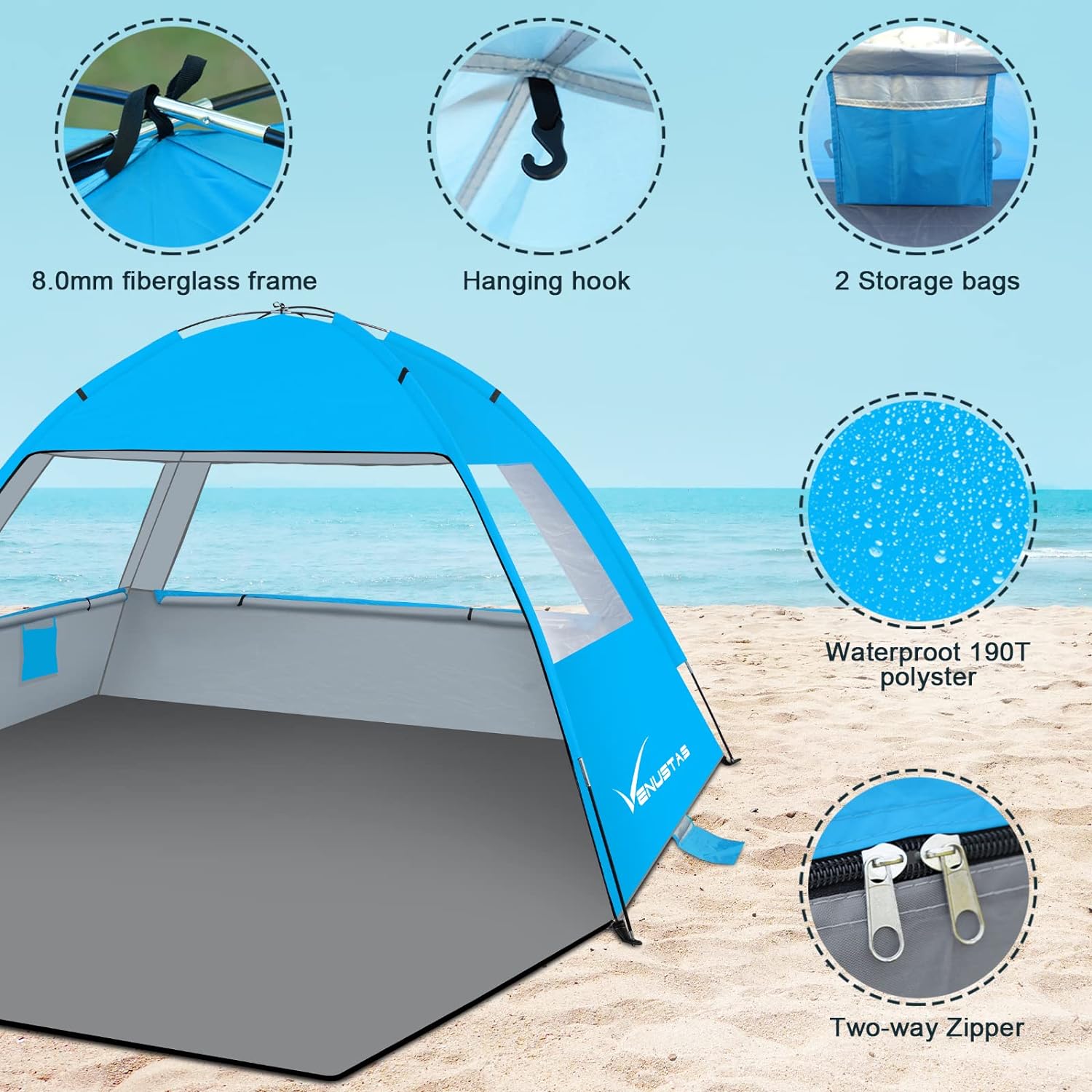 Venustas Beach Tent Sun Shelter for 3/4-5/6-7/8-10 Person, UPF 50+ UV Protection Beach Canopy, Lightweight and Easy Setup