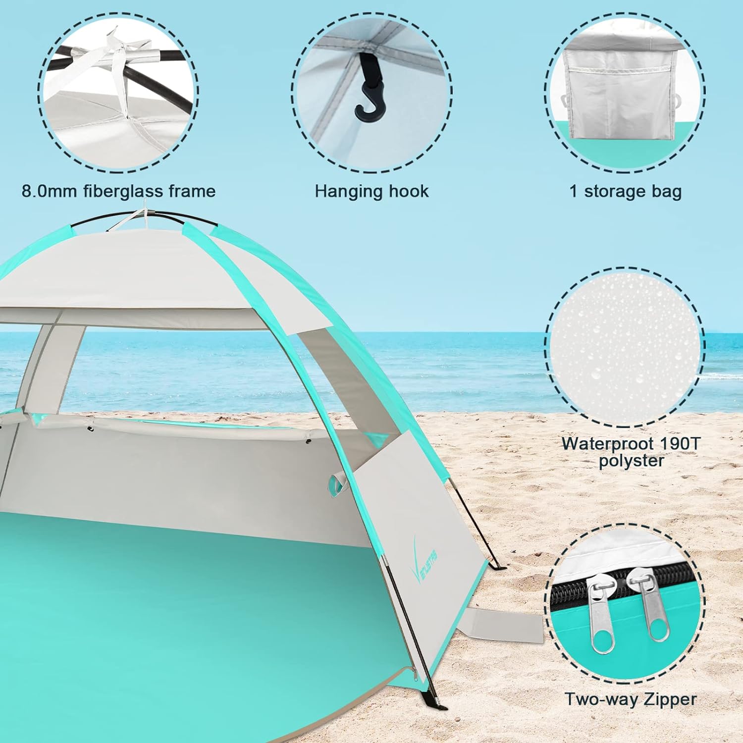 Venustas Beach Tent Sun Shelter for 3/4-5/6-7/8-10 Person, UPF 50+ UV Protection Beach Canopy, Lightweight and Easy Setup