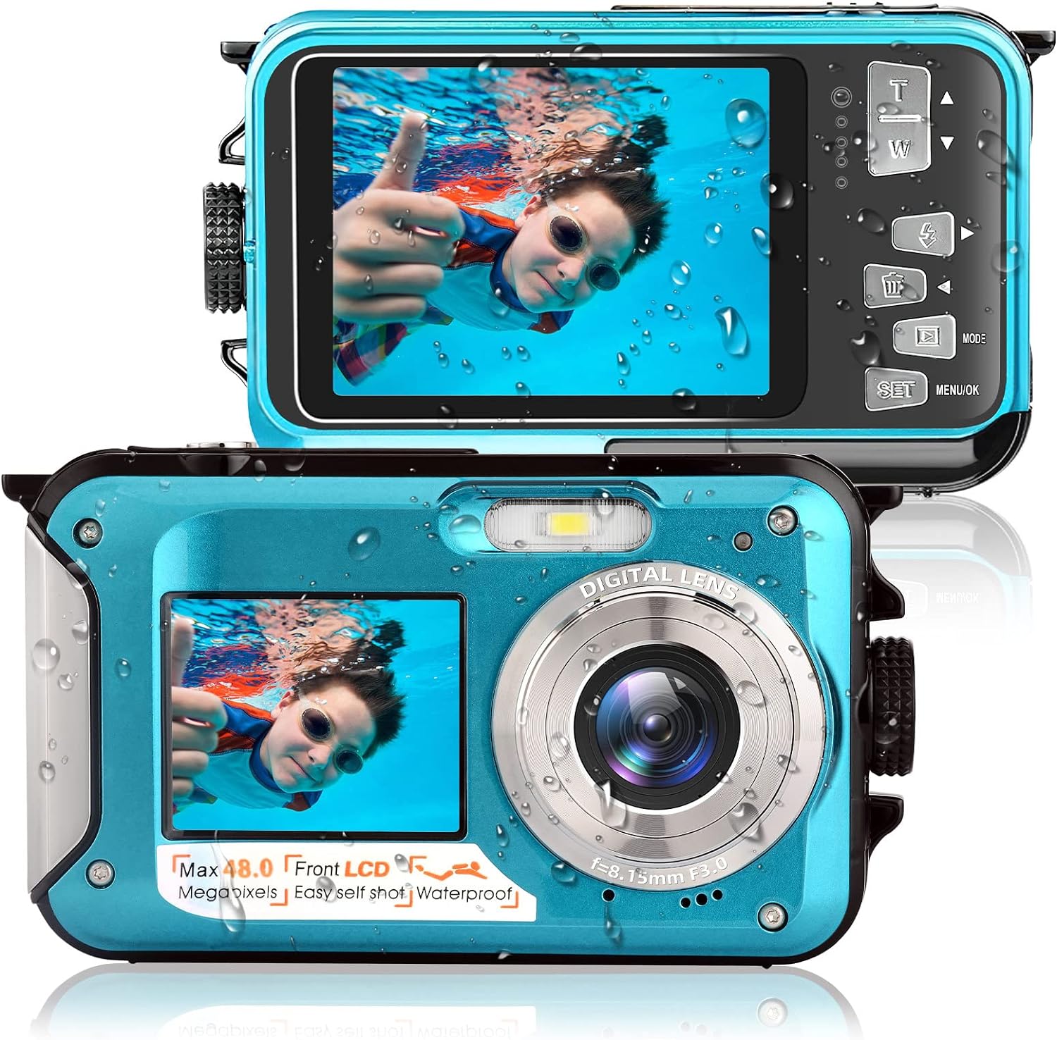 Waterproof Digital Camera, Underwater Camera for Snorkeling, 2.7K 48MP Full HD Under Water Camera with Selfie HD Dual Screens, 10FT Water Camera for Photography on Vacation