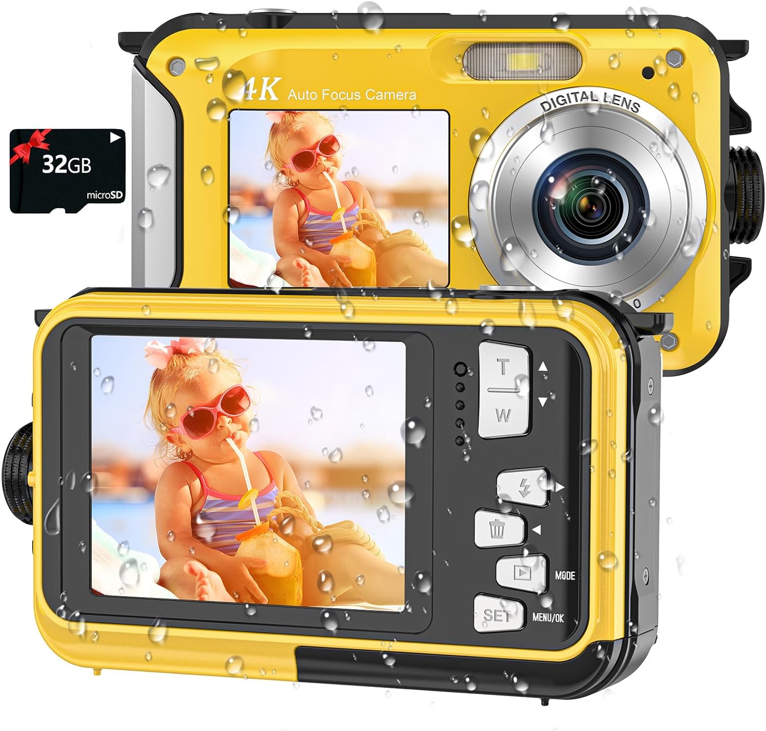 YISENCE 4K Underwater Camera 11FT Waterproof Camera with 32GB Card 48MP Autofocus Dual-Screen Selfie Underwater Camera for Snorkeling Compact Floatable Digital Camera 1250mAh Battery Type-C (Yellow)