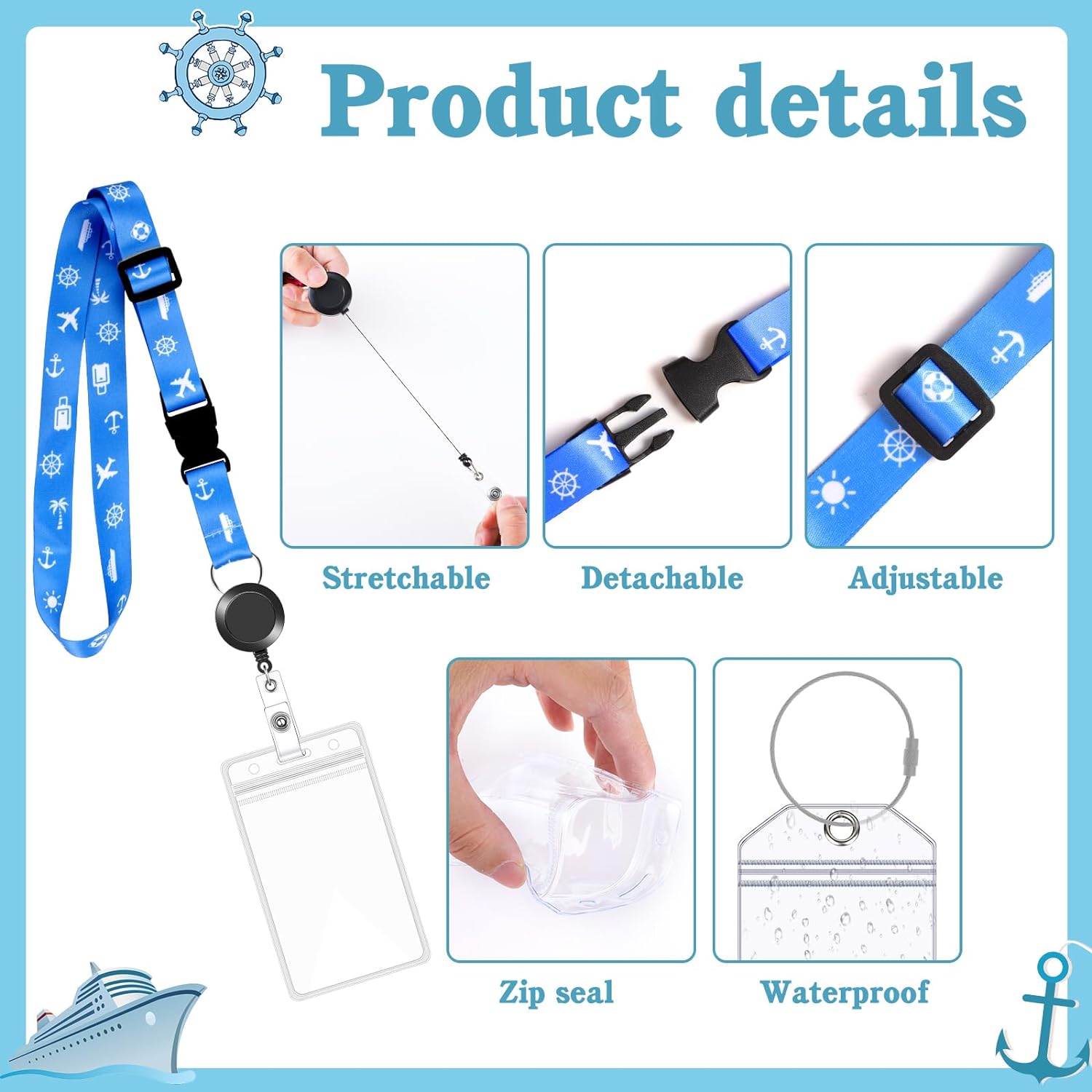 4 Pack Cruise Lanyard for Cruise Ship Cards, Retractable Cruise Lanyards with 4 Pcs Cruise Luggage Tags  Waterproof Id Badge Holder (Style 1)