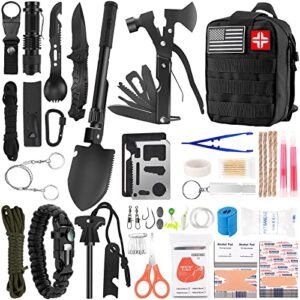 Survival Kit and First Aid Kit, 142Pcs Professional Survival Gear and Equipment with Molle Pouch, for Men Dad Husband Who Likes Camping Outdoor Adventure (Black)