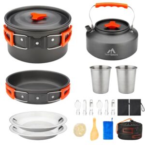 THTYBROS 17pcs Camping Cookware Kit, 0.45Gal Pot, 7inches Pan,0.30Gal Kettle Set with 2 Set Stainless Steel Cups Plates Forks Knives Spoons for Hiking,Camping,Backpacking,Outdoor Cooking and Picnic