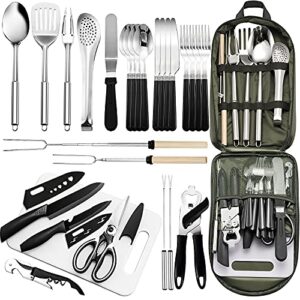 Portable 27 Piece Camping Cookware Kit - Stainless Steel Grilling Utensils for Travel, Picnics, RVs, BBQs, Parties and More