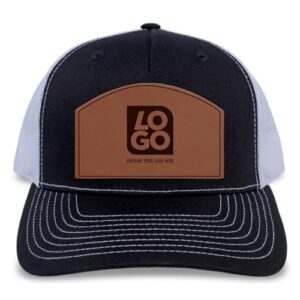 Custom Engraved Trucker Hat with Genuine Leather Arch Shaped Patch (Black-White, Q 50)