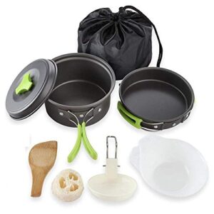 Camping Cookware Set 2 Person Camping Gear Campfire Utensils Non-Stick Cooking Lightweight Stackable Pot Pan Bowls Storage Bag (B) (C)