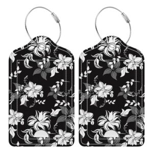 Rimilak 2 Pack PU Leather Luggage Tags for Suitcase, Travel Cruise Luggage Tag with Privacy Flap, Name ID Label and Metal Loop for Women Men Handbag School Bag Backpack, Black White Flower